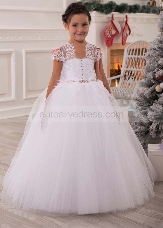 Cap Sleeves Beaded White Lace Tulle Flower Girl Dress